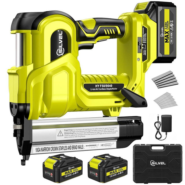 SILVEL 2" Cordless Brad Nailer, 2-in-1 21V Electric Brad Nailer with 2 * 2.0Ah Battery, 1000pcs Nails, 18GA Staples, Adjustable Depth for Woodworking, Home Improvement, green