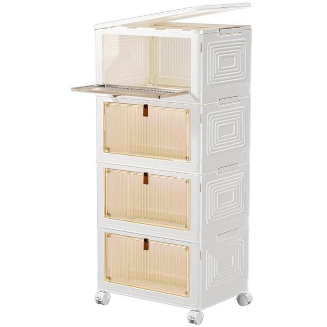 4 Tier Plastic Storage Bins and Boxes Organizer - Stackable with Lids for Bedroom, Living Room, Kitchen, Office - Foldable Containers