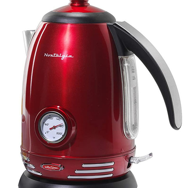 Nostalgia WK17RR Retro Stainless Steel Electric Water Kettle, Holds 1.7 Liters, Auto-Shut Off & Boil-Dry Protection, 360-Degree Rotating Base, Water Level Indicator Window, Perfect For Tea, retro red