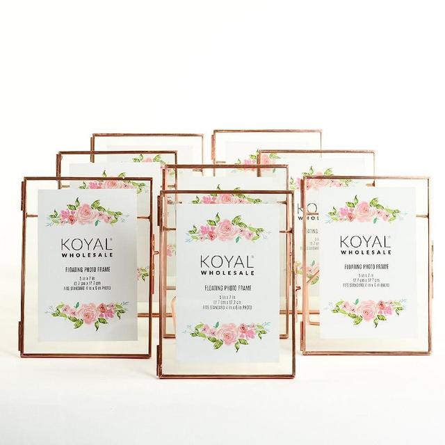 Koyal Wholesale Pressed Glass Floating Photo Frames 5 x 7 Frame, Rose Gold 8-Pack with Stands Use Horizontal or Vertical