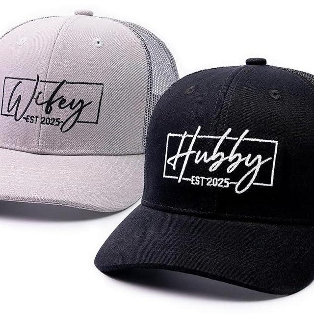 68LDROOTER Hubby & Wifey EST 2025 Trucker Hat Set – Matching Hats for Couples, Bridal Shower Gifts, Wedding Keepsakes, Newlywed for Him & Her