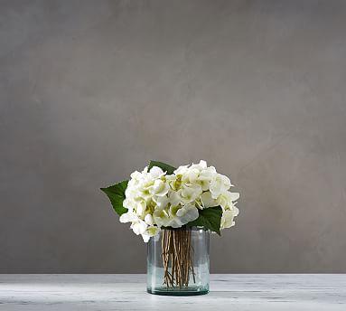Faux White Hydrangea Arrangement in Glass Vase