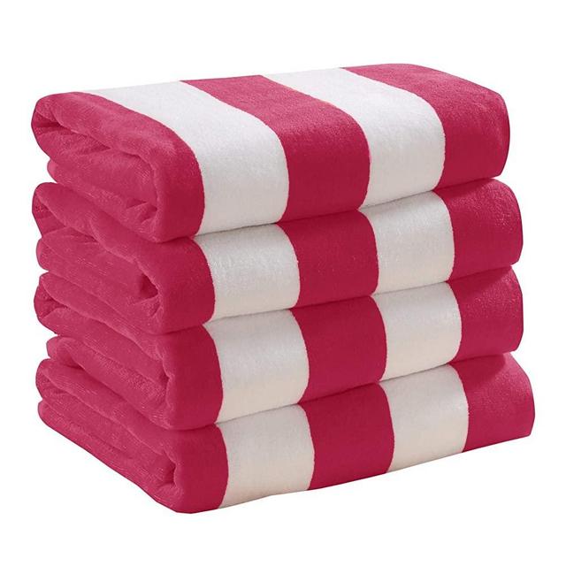 4 Pack Plush Velour 100% Cotton Beach Towels. Cabana Stripe Pool Towels for Adults. (Bright Pink, 4 Pack- 30" x 60")