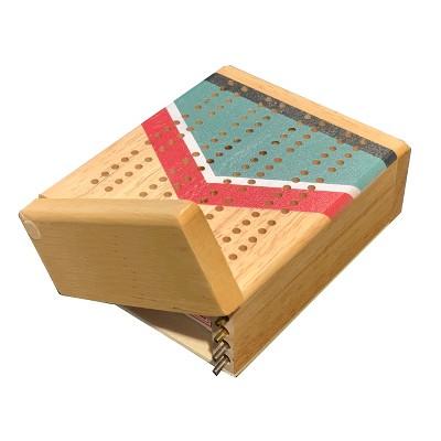 Mini Travel Cribbage Set - Nautical Print - Solid Wood 2 Track Board with Swivel Top and Storage for Cards and Metal Pegs