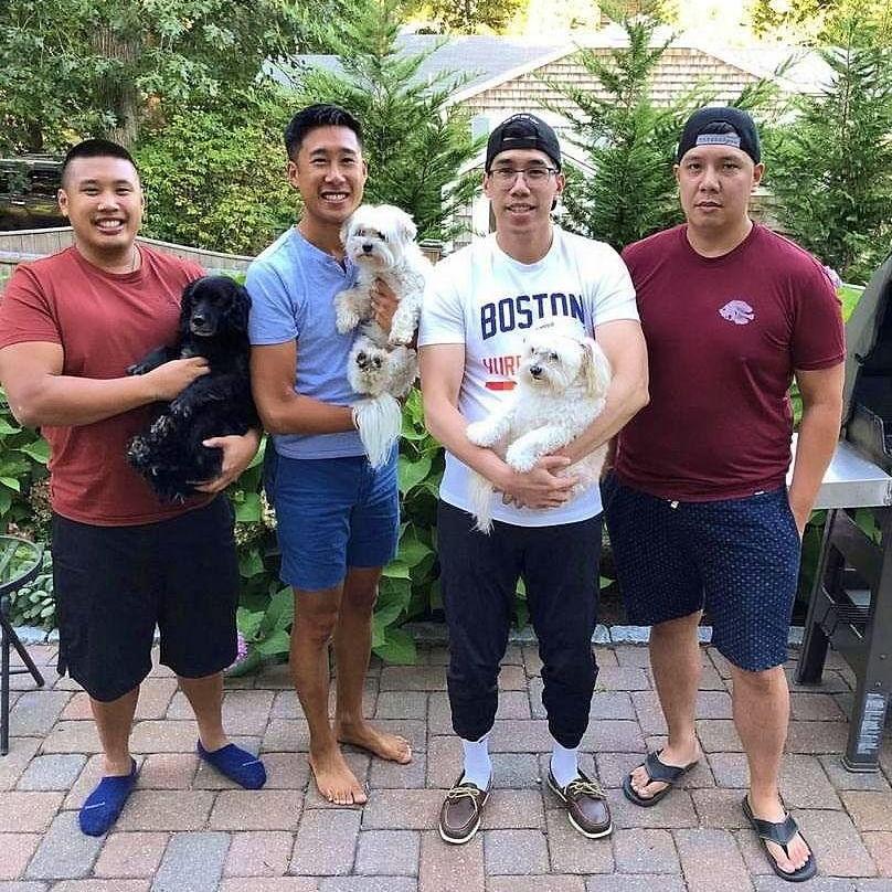 Jamison and his brothers Stephen, Chris, and Bryan. And can't forget their dogs Rupert, Snowy, and Copper (not pictured: Pickles)!