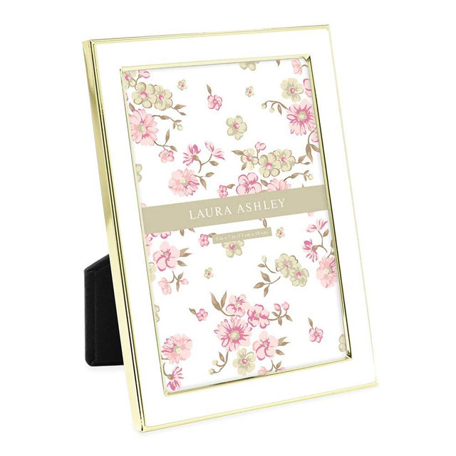 Laura Ashley 5x7 White Enamel Picture Frame, Gold Metal Edge with Easel, for Countertop, Counterspace, Tabletop Display, Bookshelf, Desk, Wall Décor, Photo Gallery