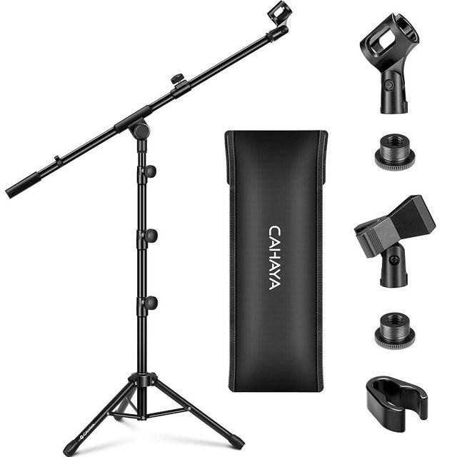 CAHAYA Mic Stand Floor Adjustable - Tripod Boom Arm Microphone Stand with Carrying Bag 2 Mic Clips 3/8" to 5/8" Adapter for Singing Podcast Compatible with Blue Yeti Shure SM58 SM48 Fifine K669B