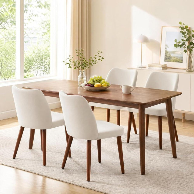 Wooden Dining Chairs Set of 4,Farmhouse Kitchen Chairs with Curved Back,Modern Fabric Upholstered Chairs for Dining Room, Cream