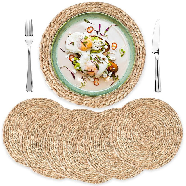 Handmade Boho Placemats Set of 6, Natural Cotton Burlap and Water Straw Woven, Macrame Decor, Farmhouse Style | Rustic Boho Braided Wicker Table Mats