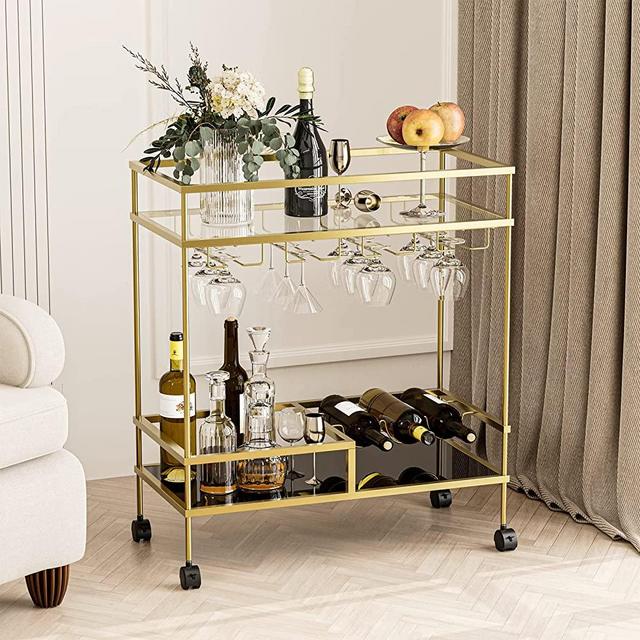 IKIFLY 2-Tier Glass Bar Cart on Wheels - Metal Rolling Serving Cart with Glass Stemware Racks & Wine Bottle Holders - for Kitchen, Living Room, Dining Room - Gold / Square