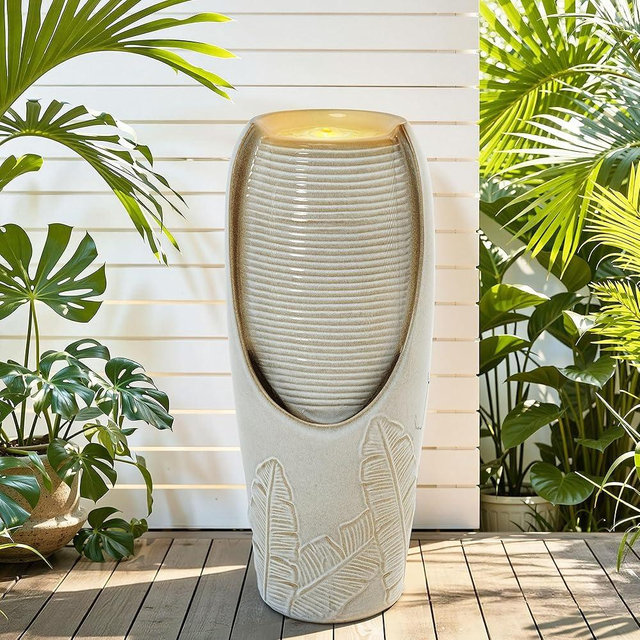 Autodaya 32" H Outdoor Garden Fountain with LED Lights, Modern Ceramic Jar Water Feature, Tropical Leaf Embossed Pattern, Beige Glaze, Soothing Cascading Waterfall for Patio, Yard, Porch