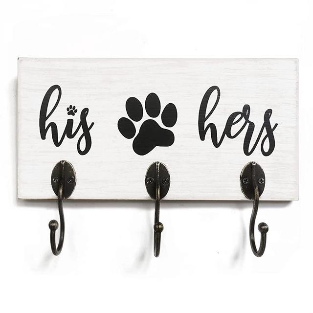 10 o'clock Decorative Key Holder & Dog Leash Hook Wall Mount for Entry Way, Kitchen, & Mudroom, His Hers & Paw Print Triple Hook, 10" x 5"