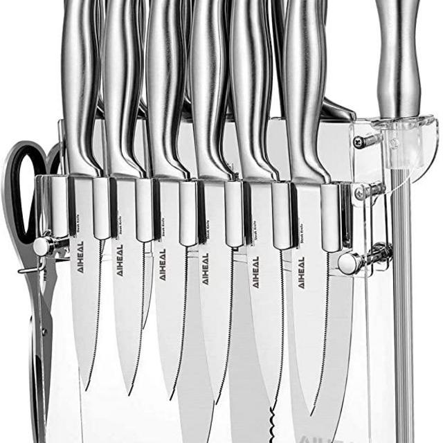 Aiheal Knife Set, 14PCS Stainless Steel Kitchen Knife Set with Clear Knife Block, No Rust and Super Sharp Cutlery Knife Set in One Piece Design with Knife Sharpener for Kitchen, Serrated Steak Knives