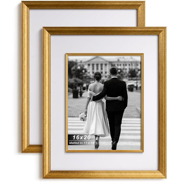 Yaetm 16x20 Gold Picture Frame with Decorative Inner Frame & Tempered Glass, Display 11x14 Photos, Art Prints, Portrait or Landscape - Wall Mount for Office & Home Décor (Vintage Gold, 2 Pack)