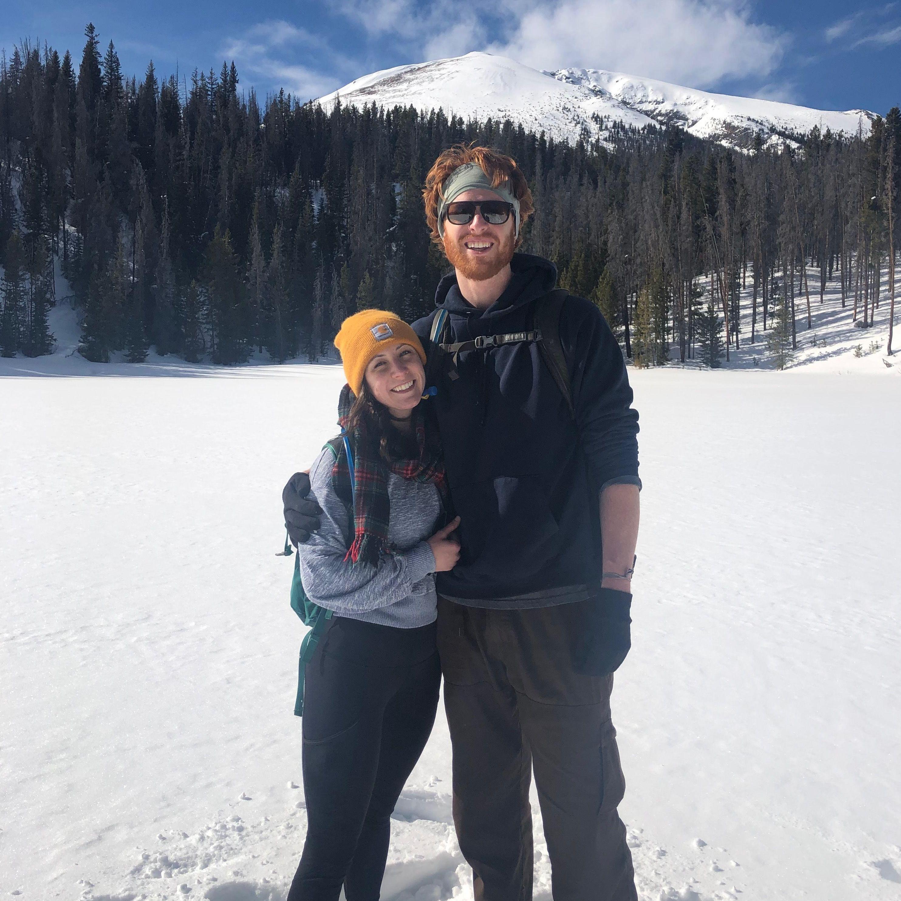 We bonded over our love for the outdoors and trying new things, like snowshoeing! This picture is from Jake's surprise birthday in Breckenridge in Feb 2020.
