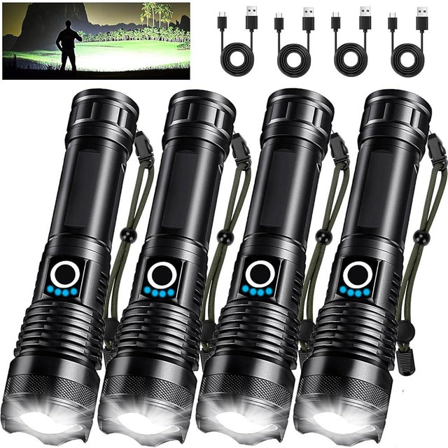 4 Pack Rechargeable LED Flashlights High Lumens, 90,000LM Super Bright Flashlight, Adjustable Powerful Flash Light with USB Cable & 5 Modes, Waterproof Handheld Flashlight for Home Camping