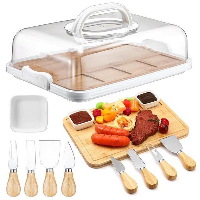 Baderke Wood Charcuterie Board with Lid Set, 12 x 8.5 Inch Cutting Board with Clear Cover, Stainless Steel Cheese Knife Set, Bowls, Wood Serving Board for Snacks Dessert Fruit Meats (Bamboo)