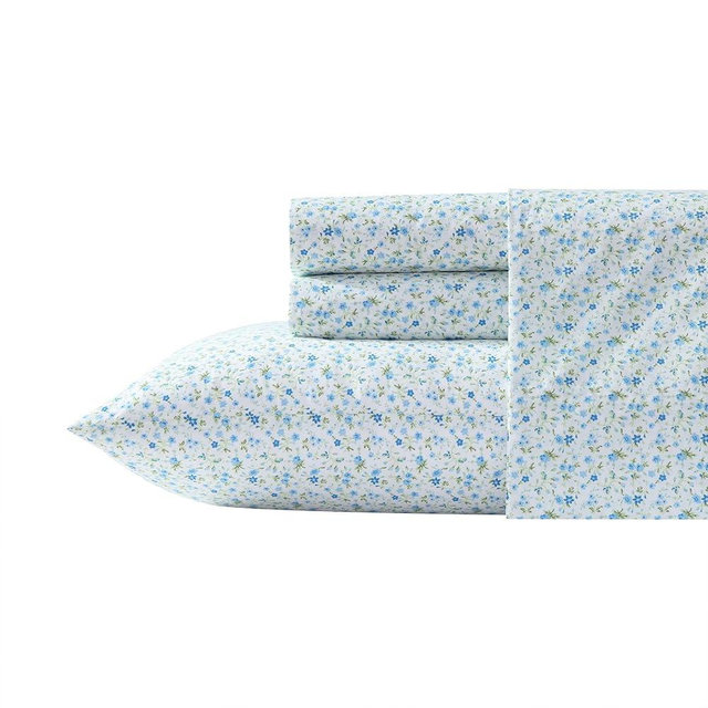 Laura Ashley - Queen Sheet Set, Crisp & Cool Cotton Percale Bedding with Deep Pockets, Lightweight for Year Round Comfort, Bed Sheets with Matching Pillowcases (Evie Blue)