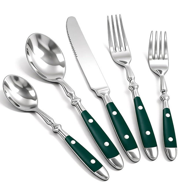 Cooluxry Vintage Silverware Set Service for 4, Flatware Set with Green Bakelite Handle, Stainless Steel Cutlery Set, Dishwasher Safe