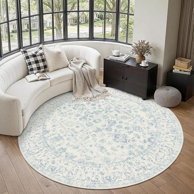 PureCozy 6ft Blue Round Area Rug Entryway Door Mat Circle 6x6 Kitchen Vintage Carpet Non Slip Indoor Bedroom Washable Distressed Floral Retro Accent Throw Rug Office Bathroom