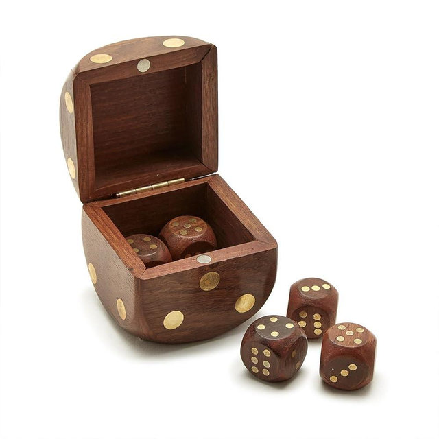 Two's Company Wood Crafted Dice Box with 6 Dice, Acacia Wood, 2.5-inches Square, Brown
