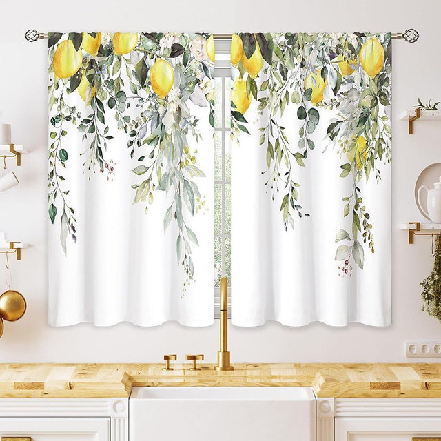 oolygoo Eucalyptus Botanical Leaves Yellow Lemon Kitchen Window Curtains Herb Plant Floral Fruit Small Window Treatment Sage Green Cafe Short Curtains for Bathroom Treatment Tier Drapes 27.9x39 inch