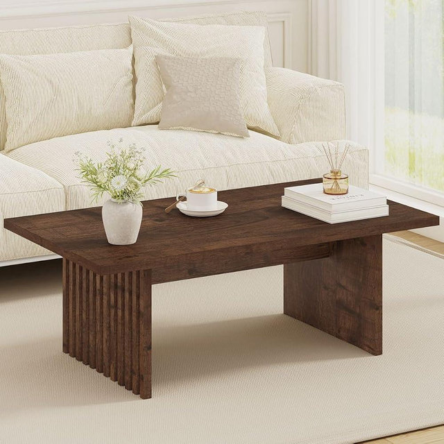 BON AUGURE 47 Inch Coffee Table, Fluted Side Panels Coffee Tables for Living Room, Large Wooden Tabletop Center Table, Farmhouse Living Room Tables for Lounge, Office, Rustic Oak