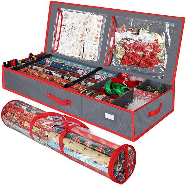 Christmas Wrapping Paper Storage Box(High quality Oxford cloth) & Gift Wrap Organizer Bag,fits 27-40 Inch Standard Rolls with Section, 40.5” Long Underbed Storage for Holiday Decorations(Grey and Red)