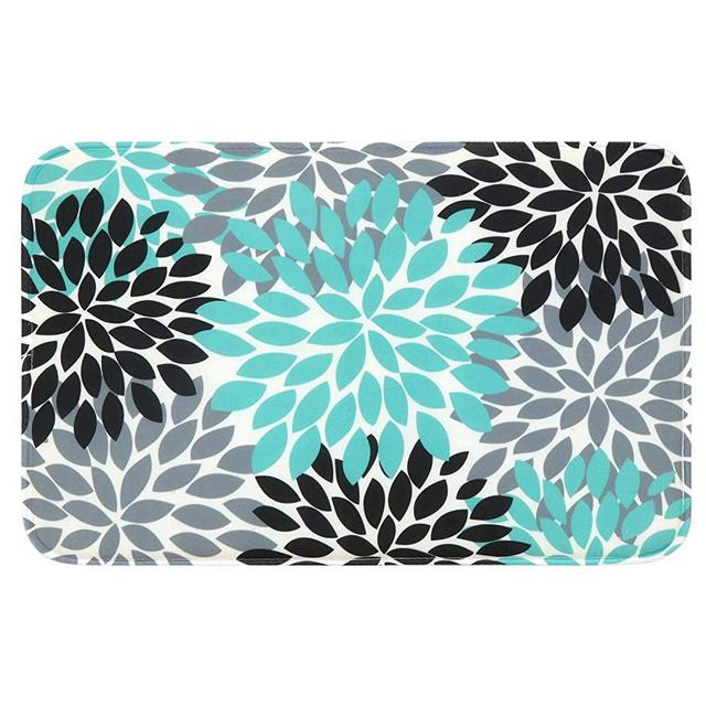 Uphome Foam Bath Mat Soft Flannel Dahlia Flower Bathroom Rugs Machine Washable Non-Slip Absorbent Bath Rug Chic Farmhouse Shower Floor Carpet (16" W x 24" L, Teal,Black,Grey)