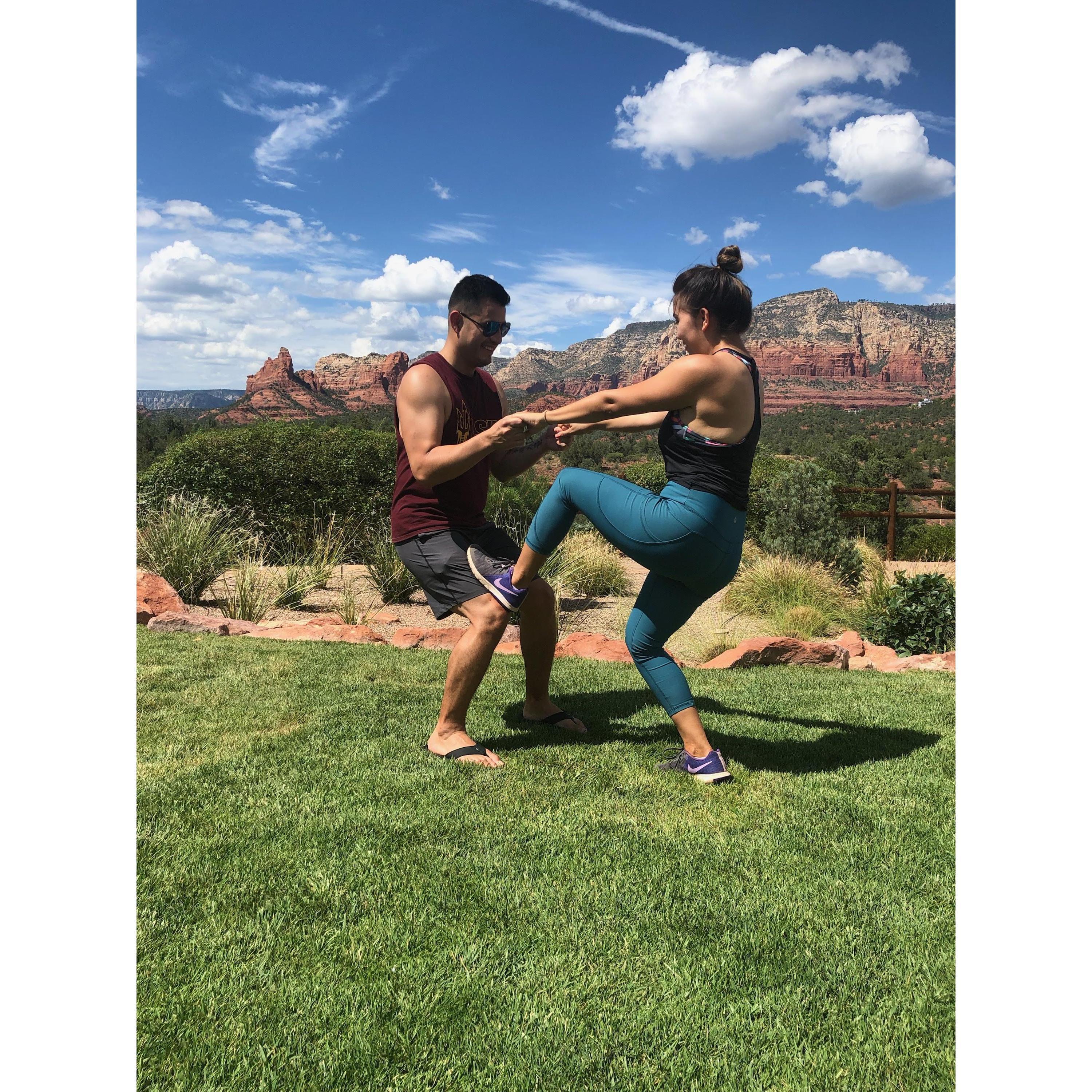 Practicing our circus act.