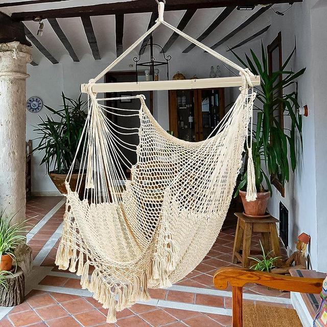 Hammock Chair，Max 330lbs, Large Hanging Chair, Soft Cotton Rope Swing Chair with High Load-Bearing Metal Rod,Indoor Outdoor Garden Yard Living Room Use