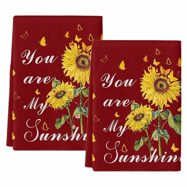 Kitchen Towels Spring Wild Sunflower Floral Absorbent Tea Towel Soft Hand Dish Towel Red Yellow Reusable Washable Cleaning Cloth Hand Bath Towels for Bathroom Bar for Everyday Cooking (Pack of 2)