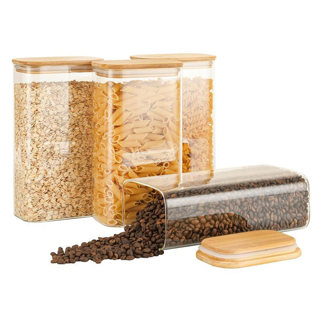 D2scrma 56oz Rectangle Airtight Glass Storage Containers with Bamboo Lids (Set of 4), Square Food Storage Jar, Pantry Organizers for Oats, Cereal, Pasta and Coffee beans (‎with Black Lable)