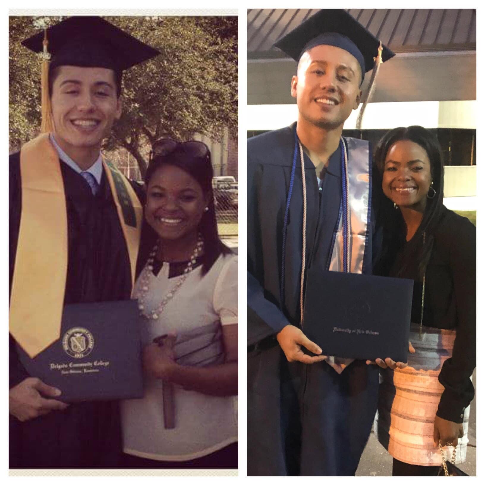 The left is when Norman graduated from Delgado in 2012...a few weeks later we “officially” started dating....the right is his graduation in 2018 from University of New Orleans..so proud!