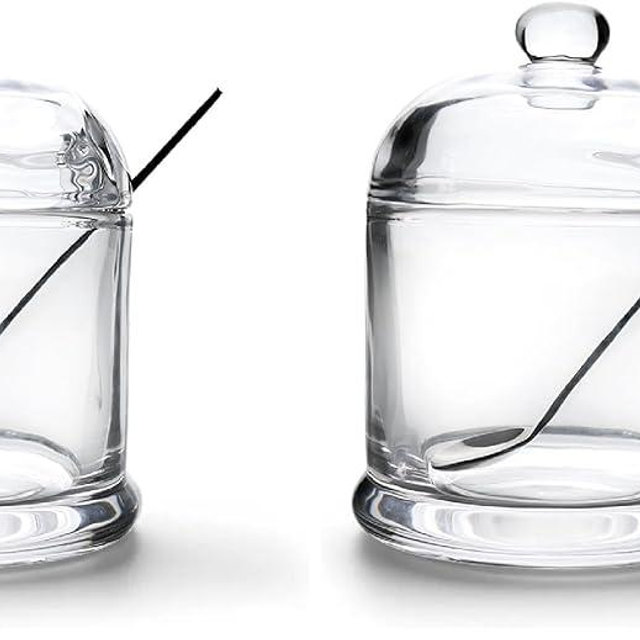 Thick Glass Salt Cellar with Stainless Steel Spoon, Clear Container for Kosher, Sea, Himalayan Salt, Sugar, Pepper, Heavyweight Spices Jar, 10 oz (Pack of 2)