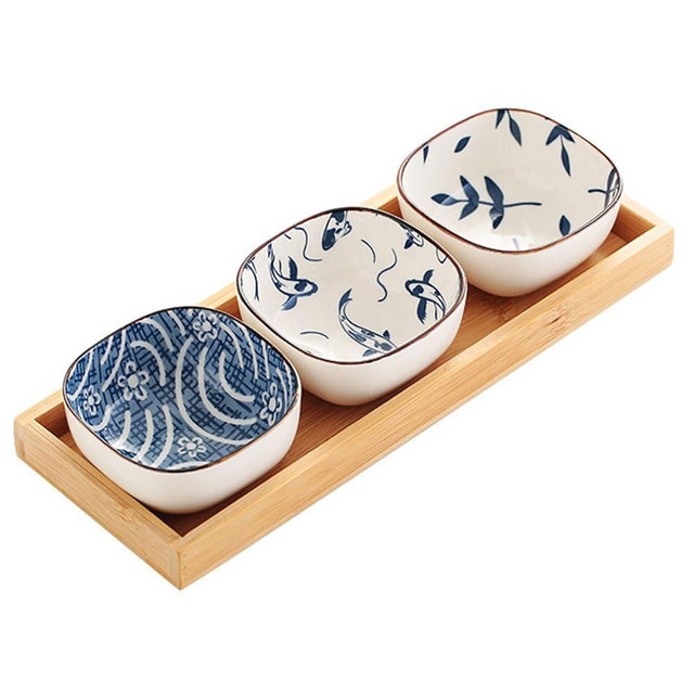 Dxcaicc Ceramic Mini Dipping Bowls with Wooden Serving Tray Sets,Condiment Tray with Removable Dishes,Vintage Side Dish Appetizers, Sushi, BBQ,A