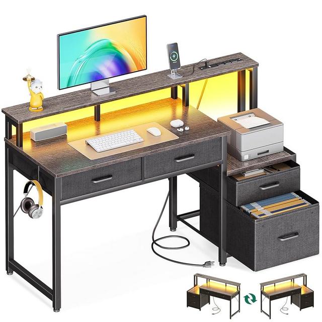 AODK 48-Inch Computer Desk with Fabric File Cabinet and Fabric Drawers, Reversible Office Desk with LED Strip and Power Strip, Gaming Desk with Monitor Riser, Writing/Study Table for Home, Oak Grey
