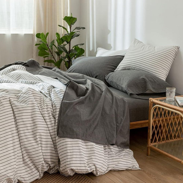 MooMee Bedding Sheet Set 100% Washed Cotton Linen Like Textured Breathable Durable Soft Comfy (Dark Grey,Cal King)