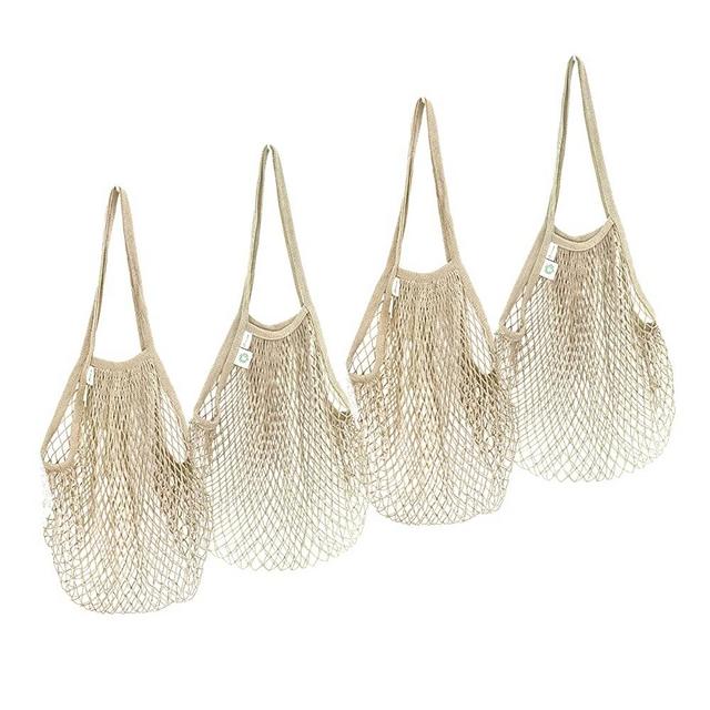 Organic French Market Bag 4-Pack Zero Waste Packaging + Gift - Off-White (Mixed Handles: Long/Regular)