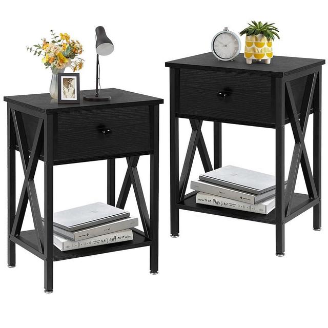 VECELO Nightstands Set of 2, Modern Bedside End Tables, Night Stands with Drawer and Storage Shelf for Living Room Bedroom, Industrial Metal Frame