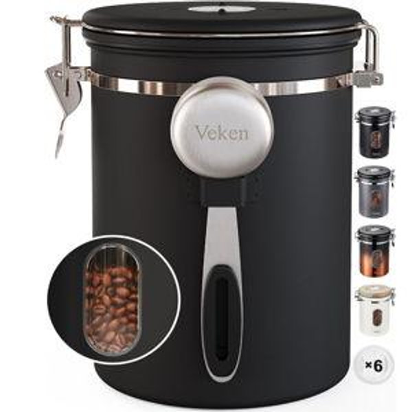 Veken Coffee Canister with Window,Airtight Stainless Steel Kitchen Food Storage Container, Date Tracker & Scoop for Grounds Coffee, Beans, Tea, Flour, Cereal,Sugar,22OZ,Grey