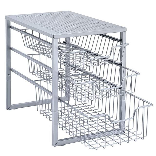 Simple Trending 3-Tier Under Sink Cabinet Organizer with Sliding Storage Drawer, Desktop Organizer for Kitchen Bathroom Office, Stackable,Silver