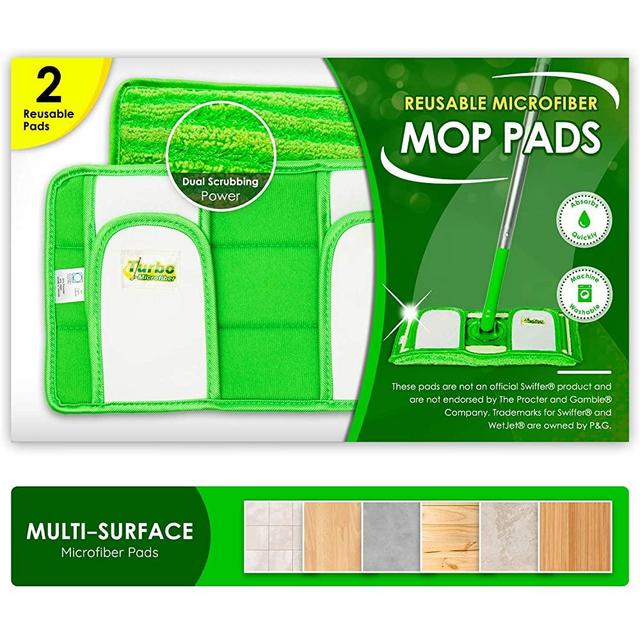 Reusable Pads Fit Swiffer Sweeper Mops - Washable Microfiber Mop Pad Refills by Turbo - 12 Inch Floor Cleaning Mop Head Pads Work Wet and Dry - 2 Pack