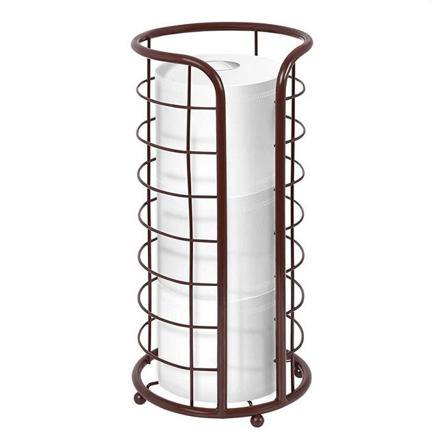 Everrich Toilet Paper Holder Stand, Bathroom Toilet Paper Roll Holder, Free Standing Toilet Tissue Holders with Storage for 3 Spare Mega Rolls, Bronze