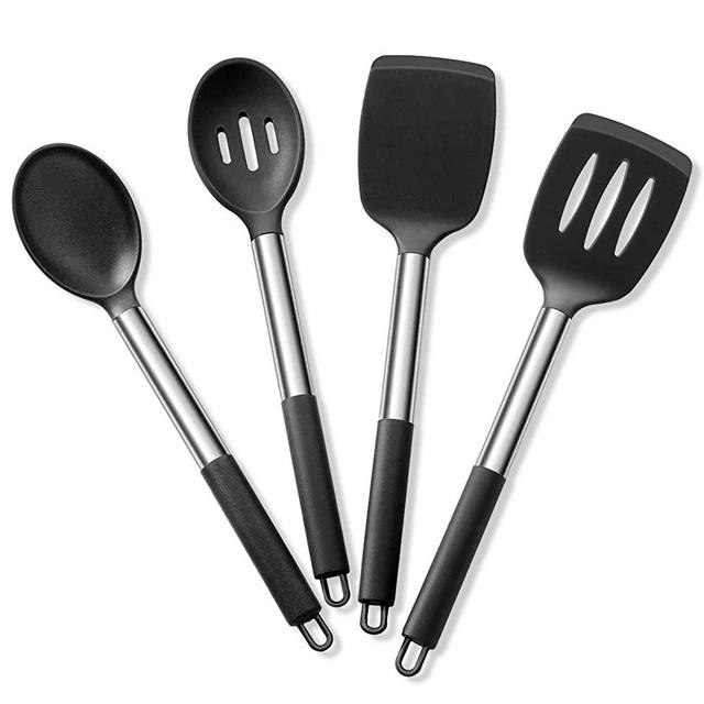 Cooking Utensils Set of 4, E-far Silicone Kitchen Utensils for Non-stick Cookware, Heat Resistant & Non-toxic Slotted Spatula Solid Spoon Turner for Flipping Mixing Serving Basting(Black)