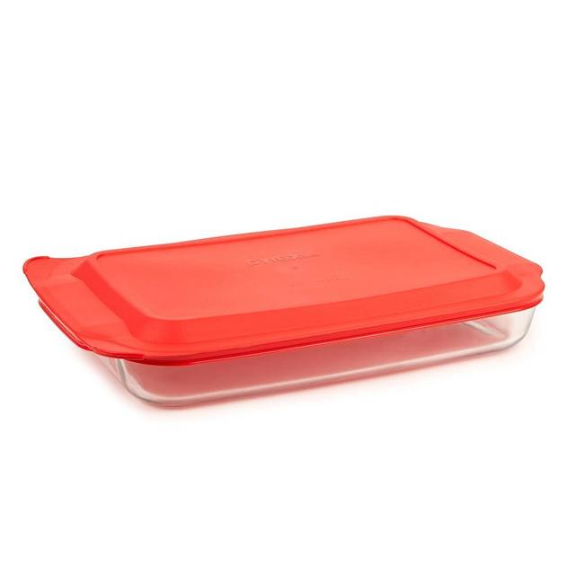 Pyrex Basics 4.8 QT Glass Baking Dish with Plastic Lid, Casserole Dish, Glass Food Container, Oven, Freezer and Microwave Safe, Clear Container