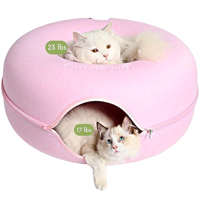 Cattasaurus Peekaboo Cat Cave for Multiple & Large Cats Up to 30-45 Lbs, Scratch Detachable & Washable Tunnel Bed, Comfy Donut Cat Cave (Pink, Large)