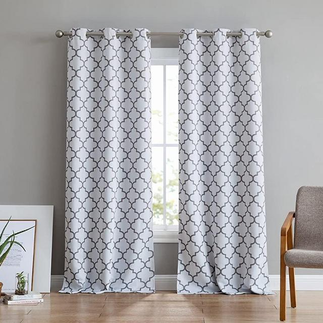 HLC.ME Lattice Print Thermal Insulated Room Darkening Blackout Grommet Window Curtain Panels for Bedroom - Set of 2-37 W x 84 L - Platinum White & Grey