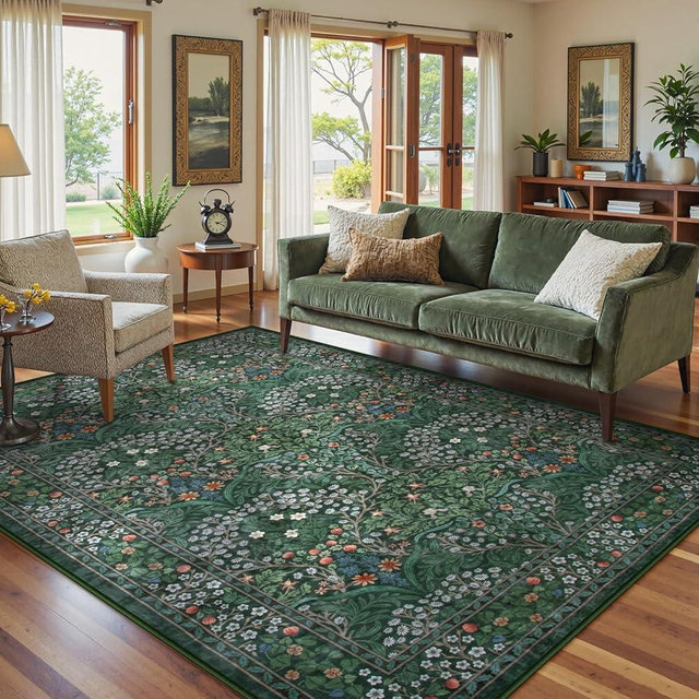 Lahome Floral Washable 6x9 Area Rugs, Soft Green Bedroom Rug for Living Room Ultra-Thin Non Slip Dining Room Rug, Stain Resistant Boho Easy Clean Throw Carpet for Office, Dark Green