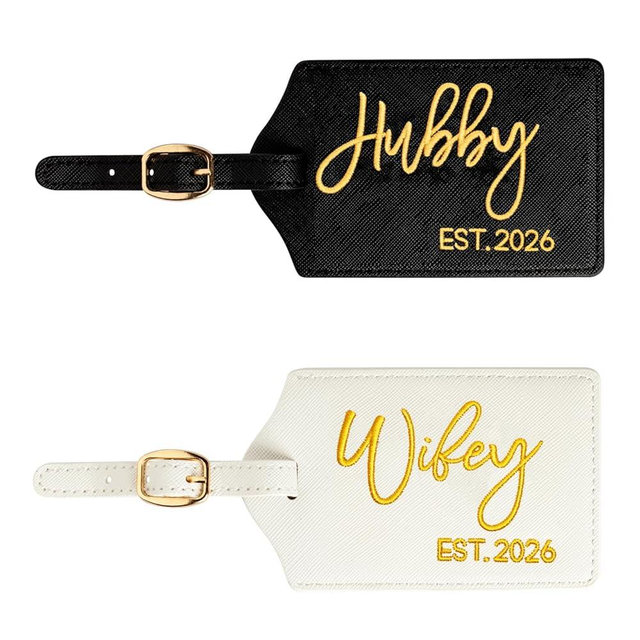 Hubby and Wifey Embroidered Luggage Tags, EST. 2025 Wedding Gift for Couples, Honeymoon Suitcase Tags, Travel Accessories, Bag Tags, Bridal Shower Engagement Gifts (Est 2026)